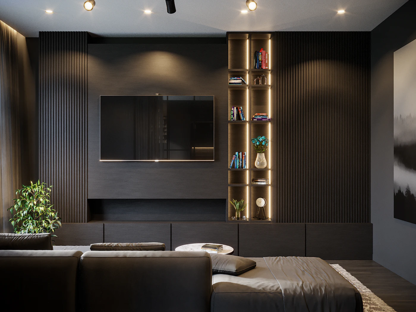 Dark modern living room with a wall-mounted TV and illuminated shelves