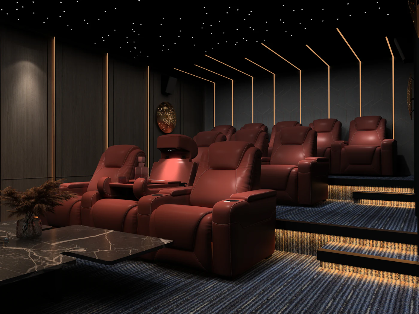 Private home cinema room with red reclining seats and starry ceiling