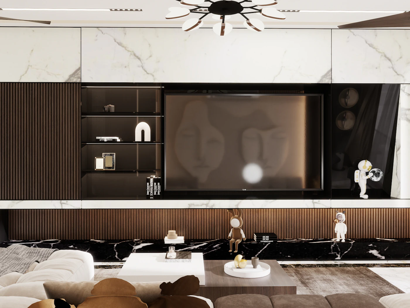 Modern living room with a large television and marble wall