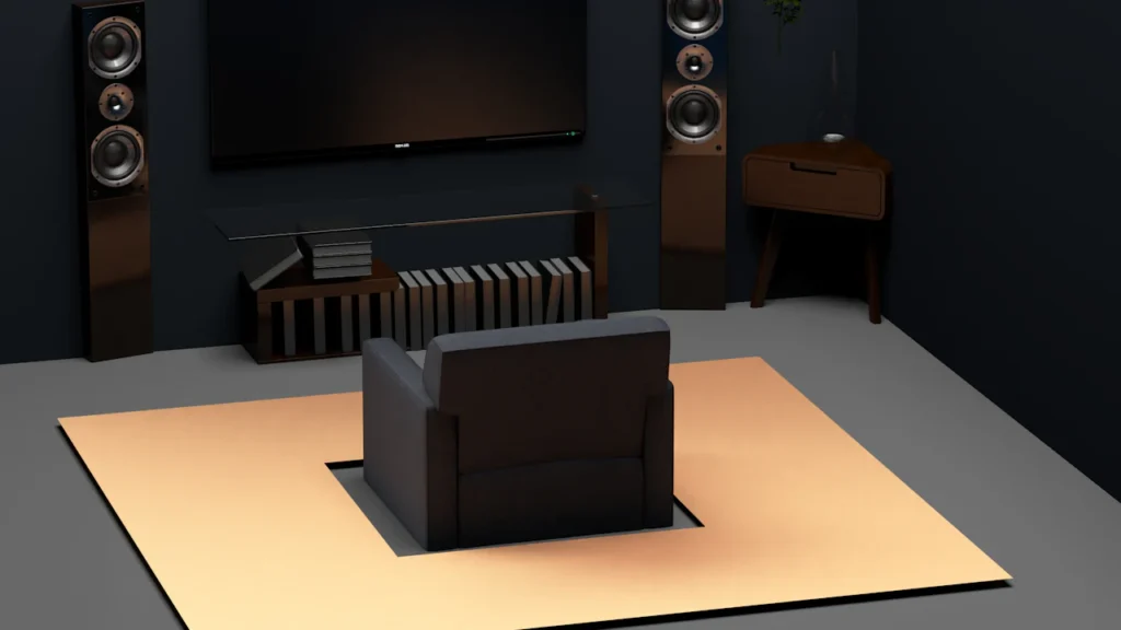 Living room with a flat-screen TV and floor-standing speakers